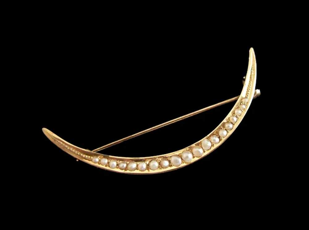 Antique 14K Gold & Graduated Seed Pearl Crescent … - image 3