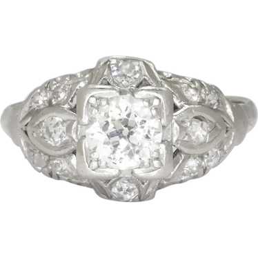 Art Deco Old Euro Diamond Engagement Ring 14K Plat