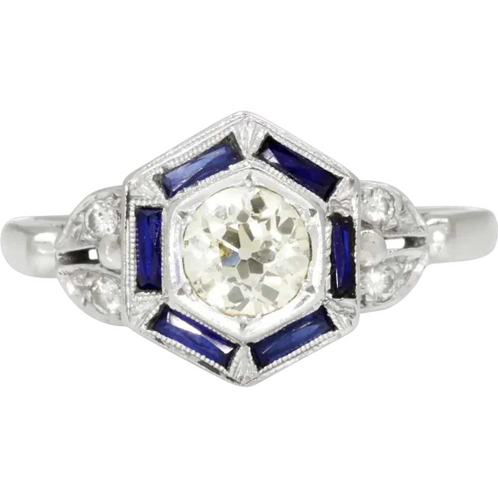Old Mine Cut Diamond Hexagon Sapphire Halo Ring W… - image 1