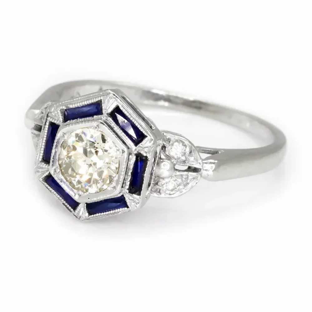 Old Mine Cut Diamond Hexagon Sapphire Halo Ring W… - image 2
