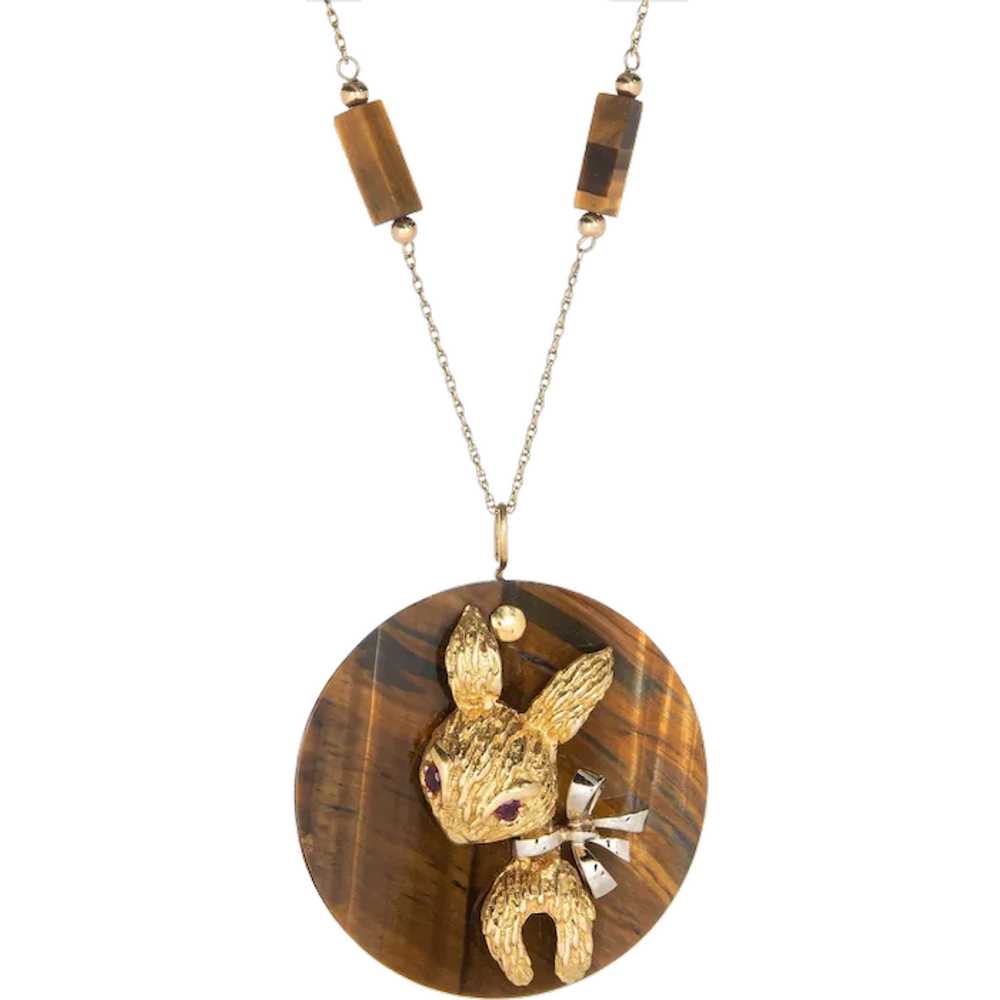 70s Tigers Eye Rabbit Medallion Necklace Vintage … - image 1
