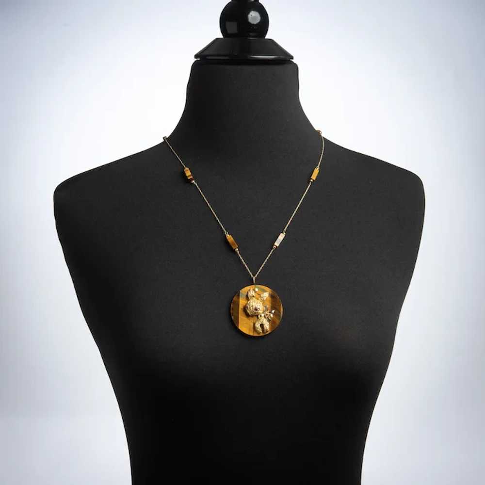 70s Tigers Eye Rabbit Medallion Necklace Vintage … - image 4