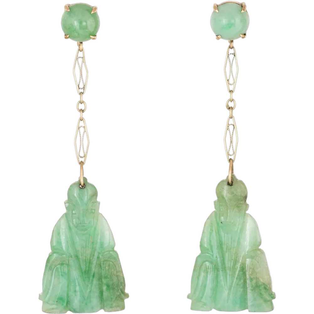 Carved Jade Buddha Earrings Vintage 14 Karat Yell… - image 1