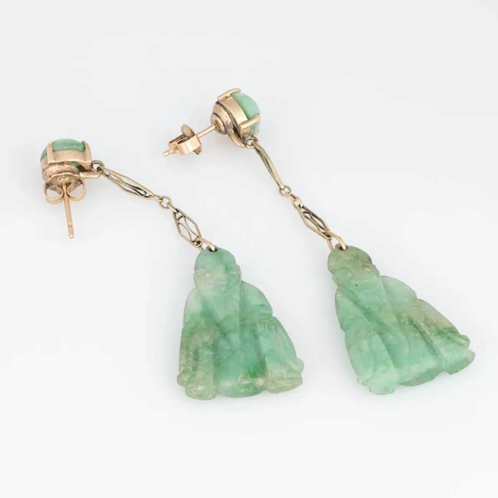 Carved Jade Buddha Earrings Vintage 14 Karat Yell… - image 2