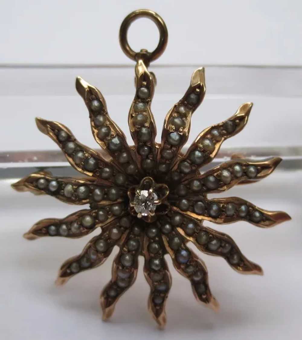 Victorian Starburst 14k Gold Seed Pearls & Diamon… - image 3