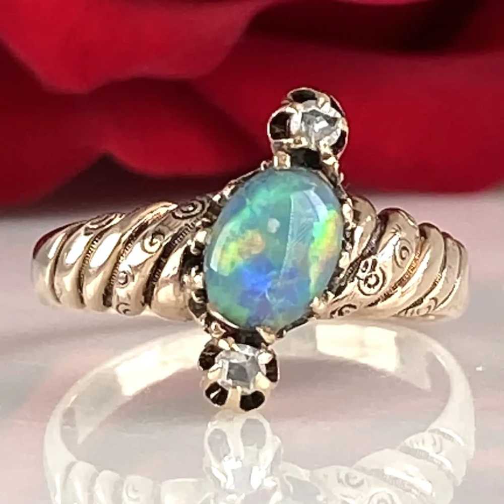 Victorian Black Opal Diamond 14K Ring - image 2