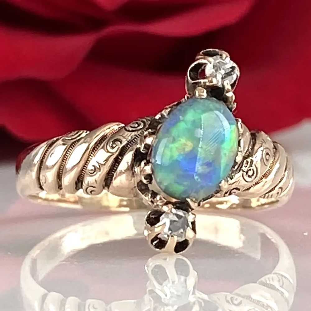 Victorian Black Opal Diamond 14K Ring - image 7