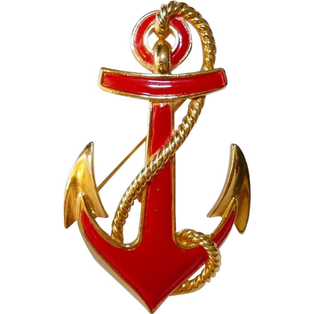 Vintage red enameled Nautical Anchor Brooch Trifa… - image 1