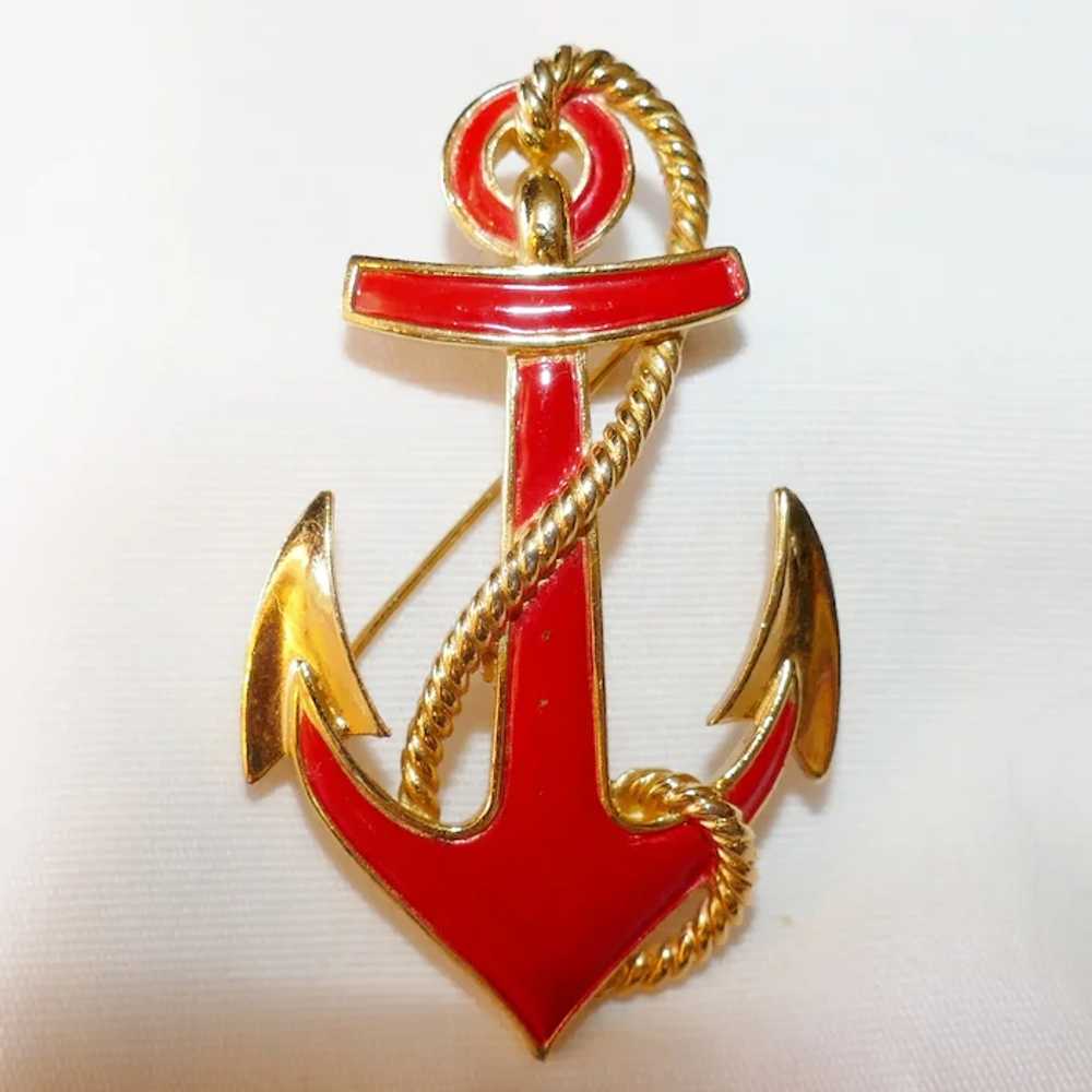 Vintage red enameled Nautical Anchor Brooch Trifa… - image 2