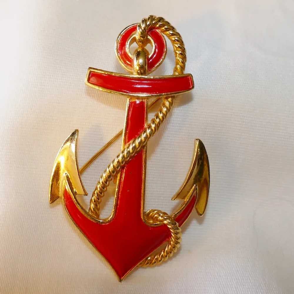 Vintage red enameled Nautical Anchor Brooch Trifa… - image 3
