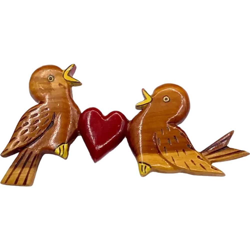 Vintage Large Wood Love Birds and Heart Brooch - image 1