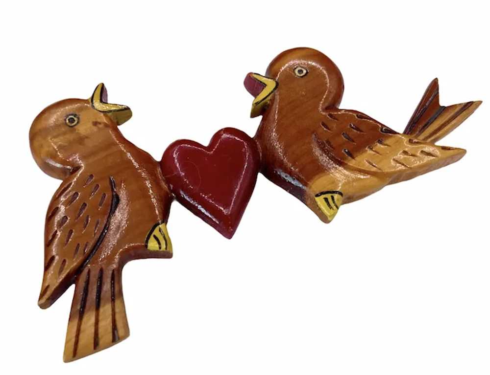 Vintage Large Wood Love Birds and Heart Brooch - image 5