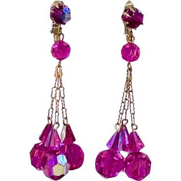 Vintage Fuchsia Pink Dangling Crystal Earrings - image 1