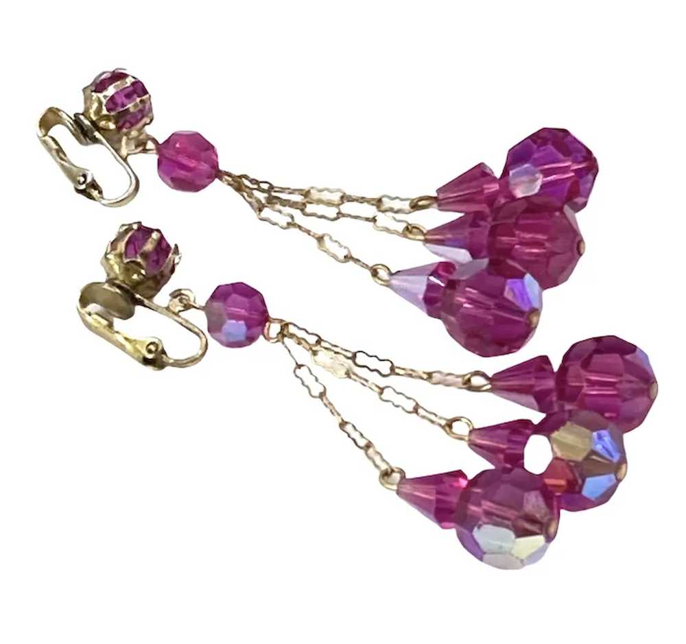 Vintage Fuchsia Pink Dangling Crystal Earrings - image 2