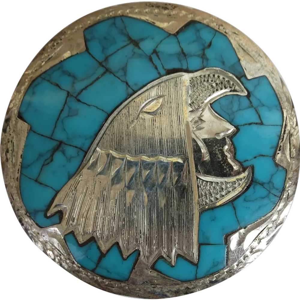 VINTAGE   Sterling Chip Brooch of Mayan Bird-Man … - image 1