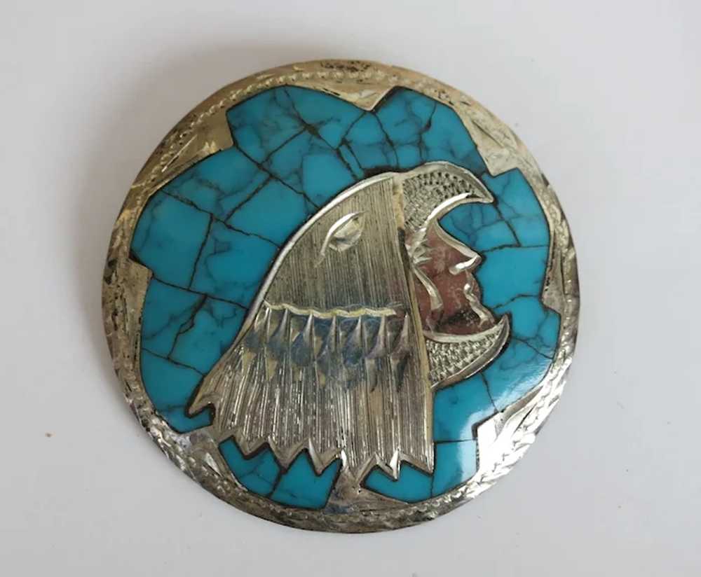 VINTAGE   Sterling Chip Brooch of Mayan Bird-Man … - image 2