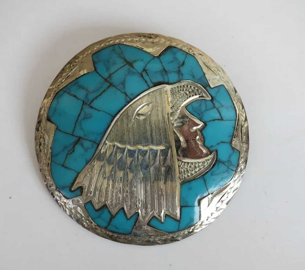 VINTAGE   Sterling Chip Brooch of Mayan Bird-Man … - image 5