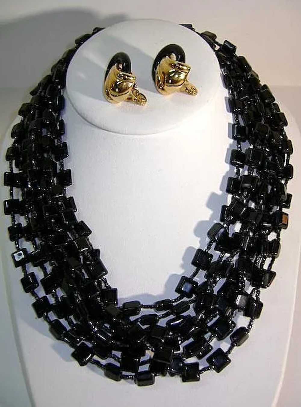 VINTAGE  Black glass 8 strand Necklace and Earrin… - image 1