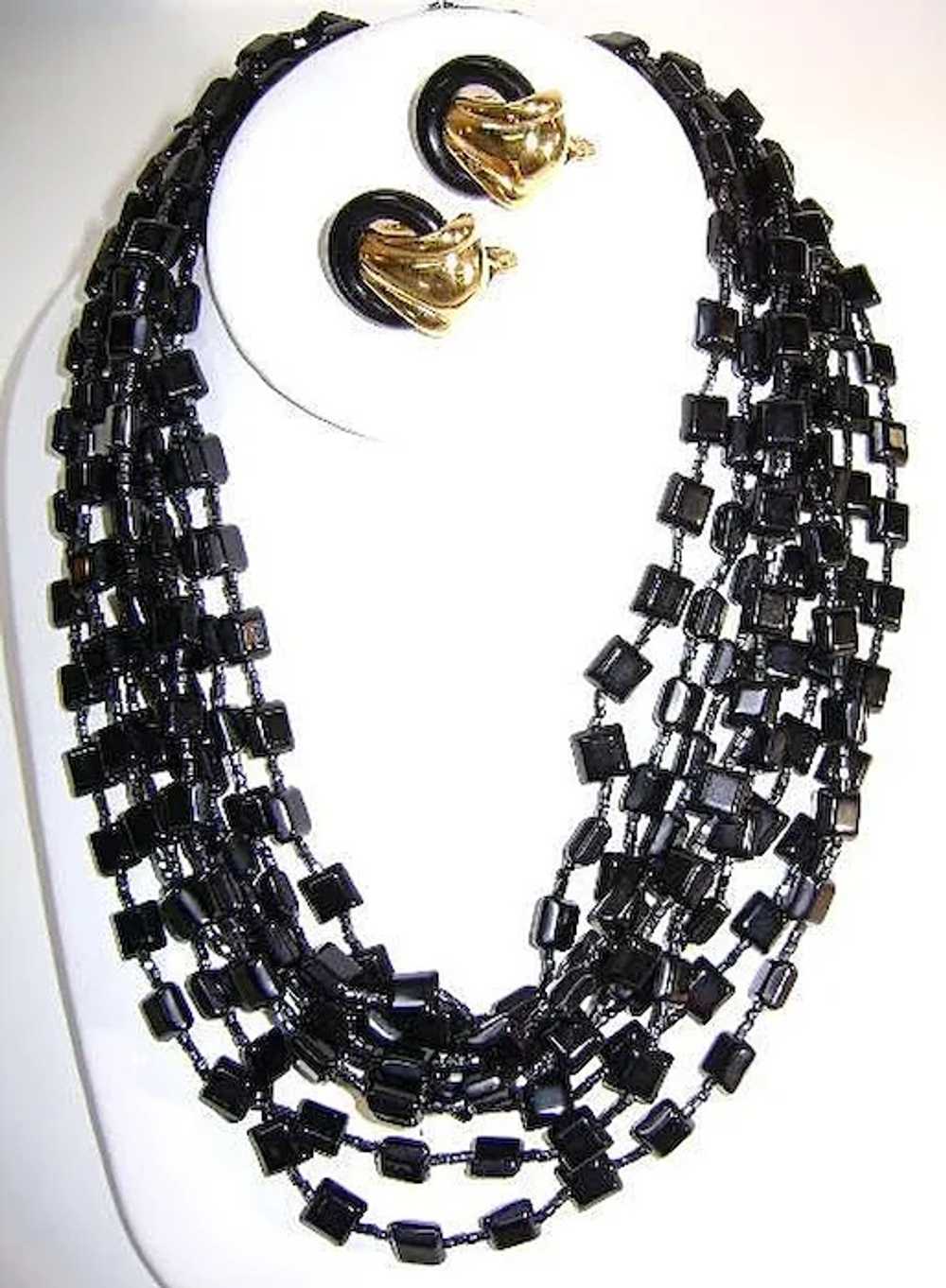 VINTAGE  Black glass 8 strand Necklace and Earrin… - image 2