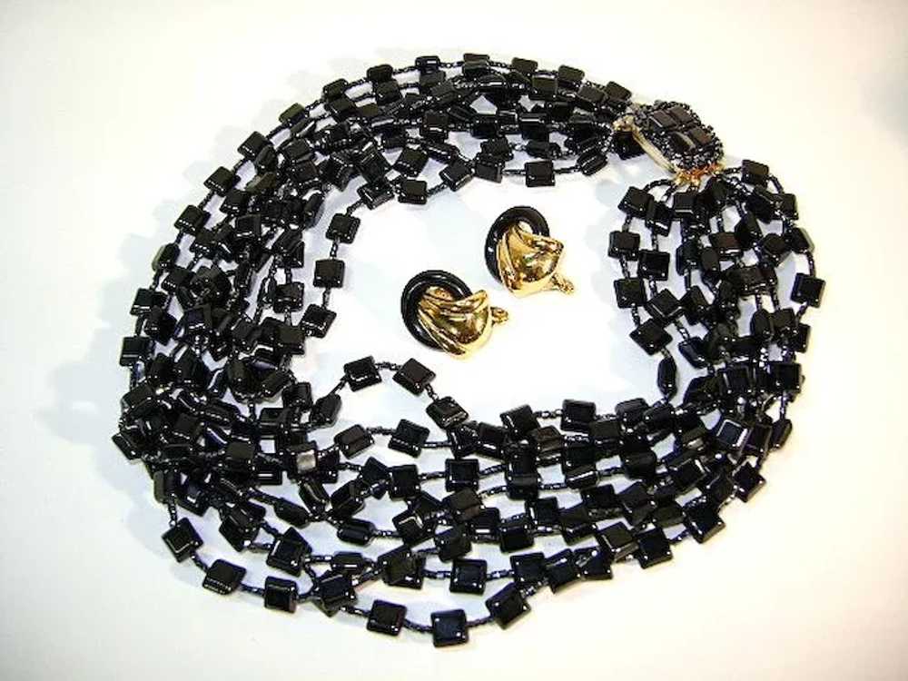VINTAGE  Black glass 8 strand Necklace and Earrin… - image 7
