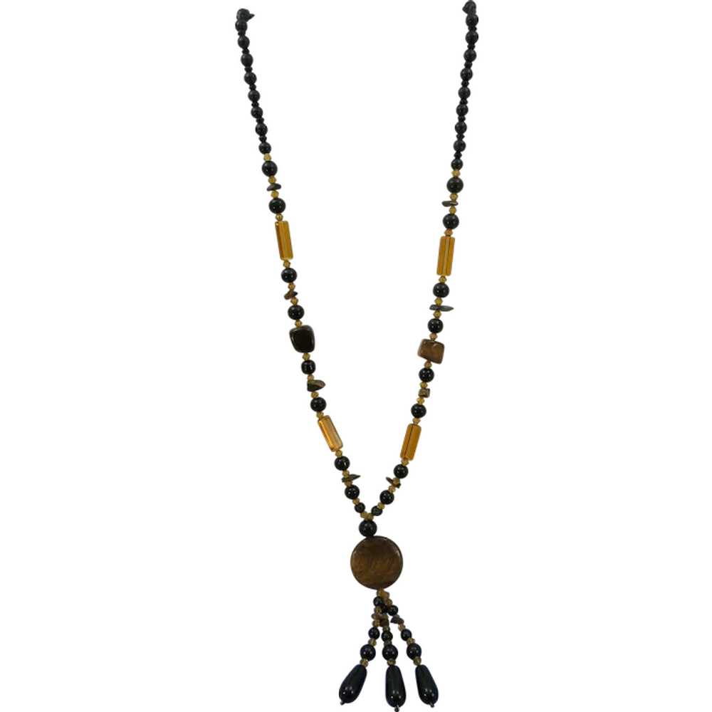 VINTAGE Black and Yellow Long Flapper Necklace wi… - image 1