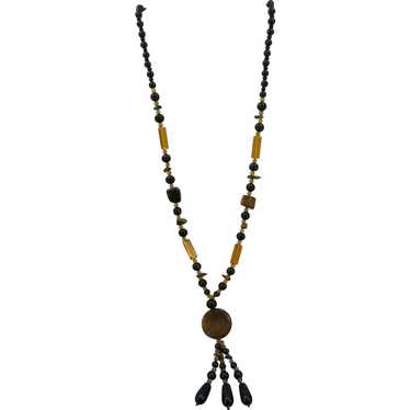 VINTAGE Black and Yellow Long Flapper Necklace wi… - image 1