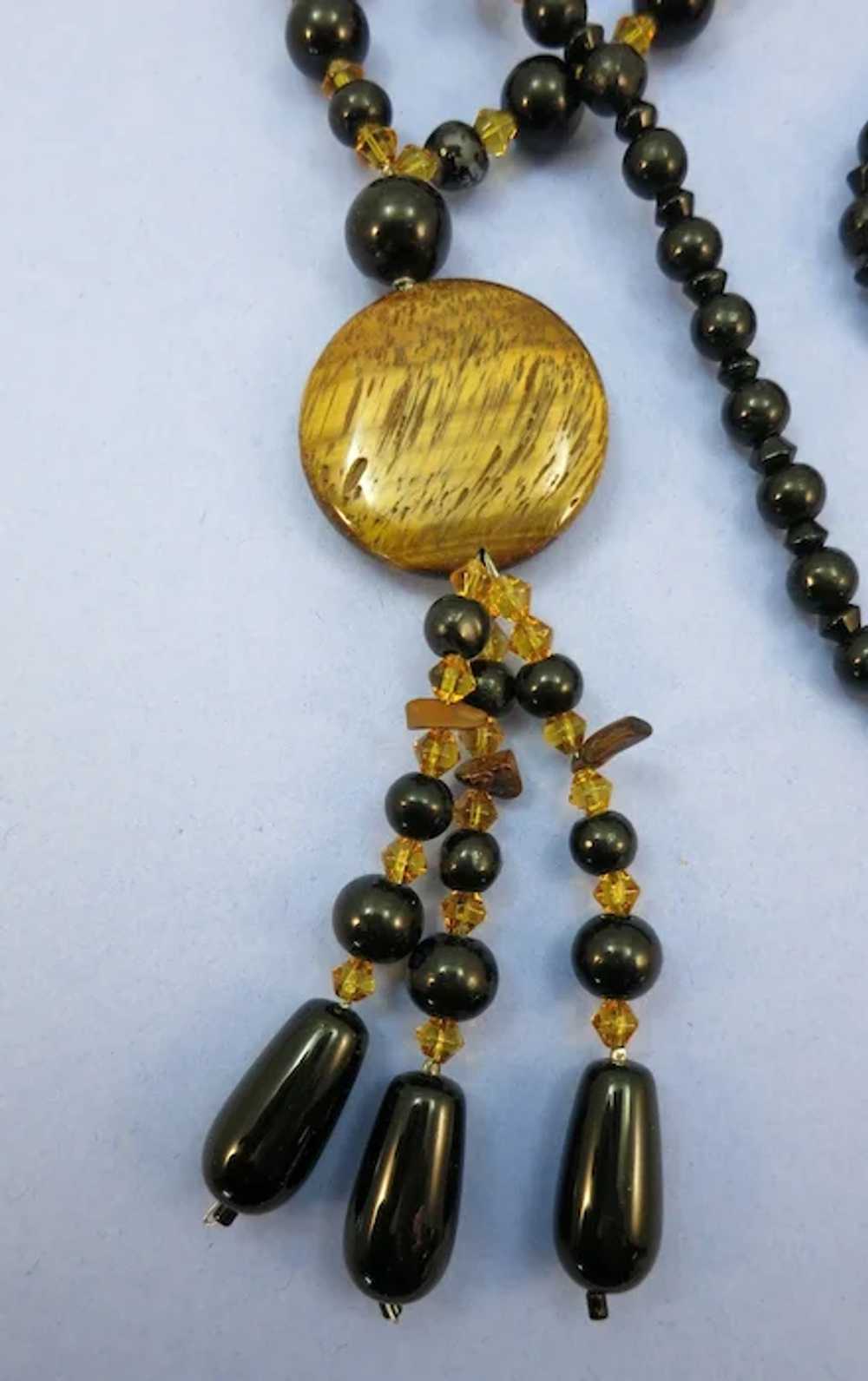 VINTAGE Black and Yellow Long Flapper Necklace wi… - image 3