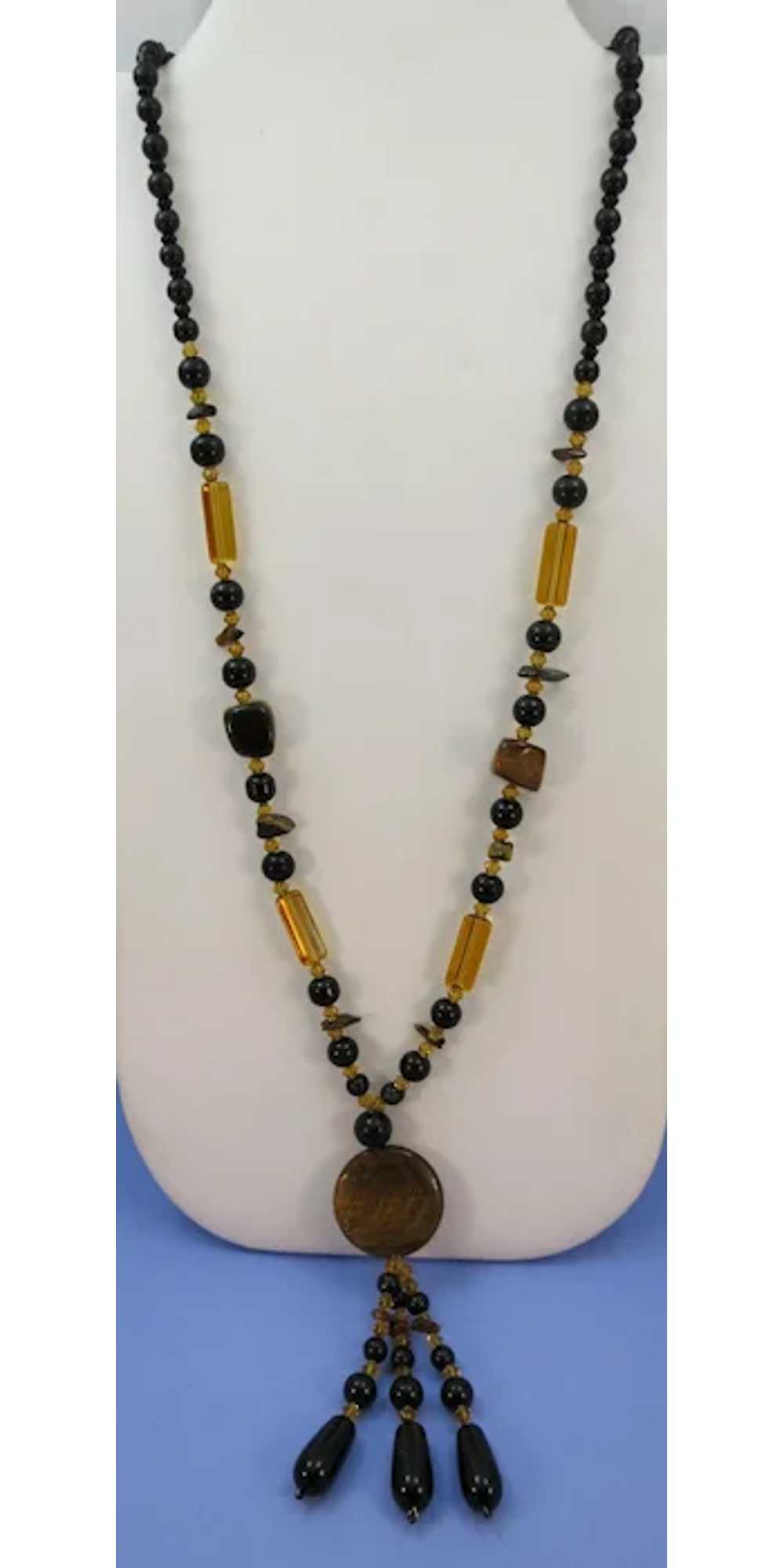 VINTAGE Black and Yellow Long Flapper Necklace wi… - image 5