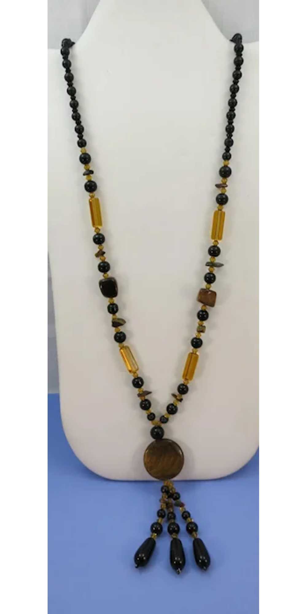 VINTAGE Black and Yellow Long Flapper Necklace wi… - image 6
