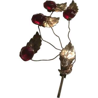 Large Sterling Gilt Leaves Garnet Red Flowers Pin.