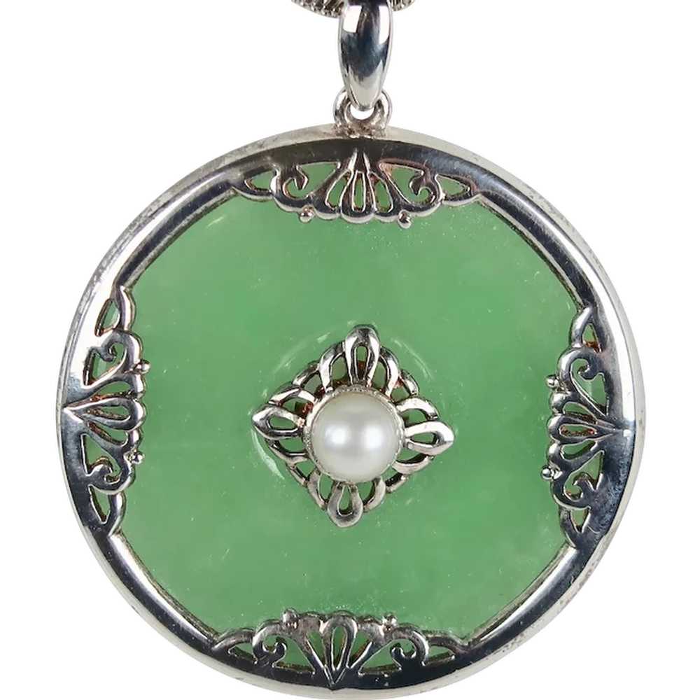 Vintage  Sterling Silver Jade Pearl Pendant - image 1