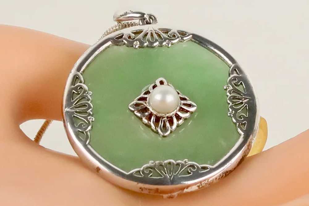 Vintage  Sterling Silver Jade Pearl Pendant - image 3