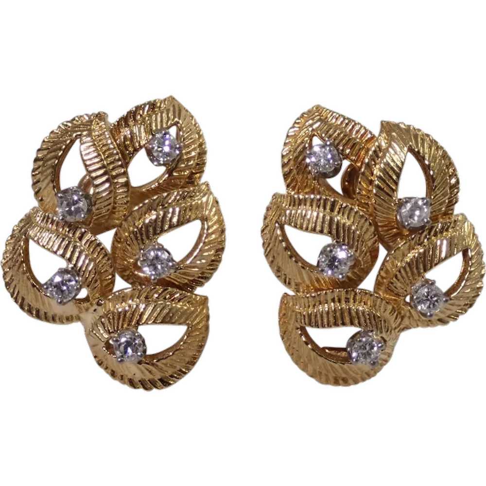 18K Yellow Gold Diamond Leaf Earrings - image 1