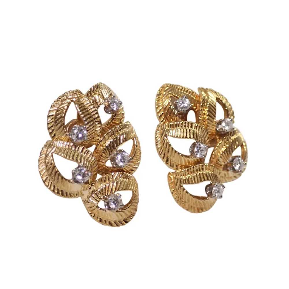 18K Yellow Gold Diamond Leaf Earrings - image 2