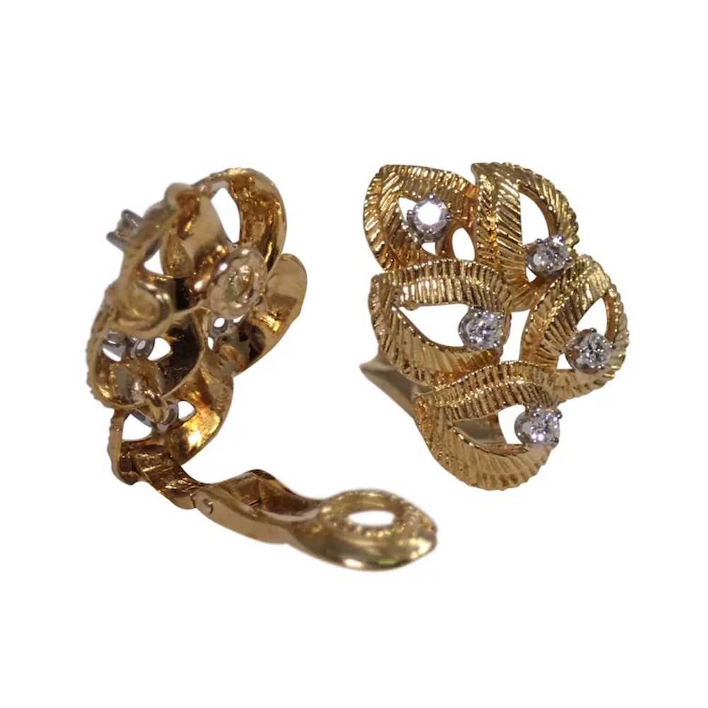 18K Yellow Gold Diamond Leaf Earrings - image 4