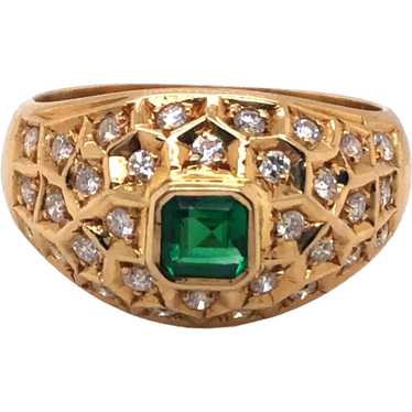 18K Yellow Gold Emerald and Diamond Ring - image 1