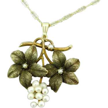 10k Yellow Gold Victorian Leaf Flower Pearl Pendan