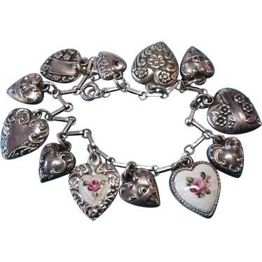 Victorian Sterling Silver Puffy Heart Charm Brace… - image 1