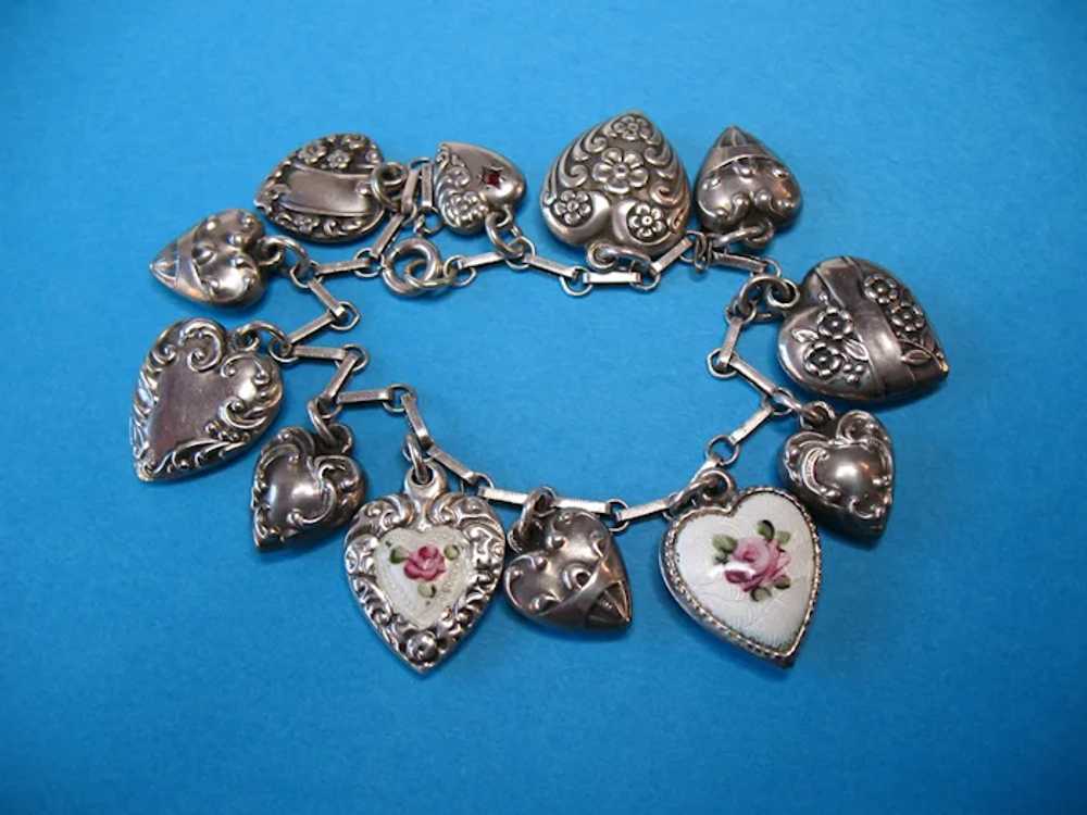 Victorian Sterling Silver Puffy Heart Charm Brace… - image 2