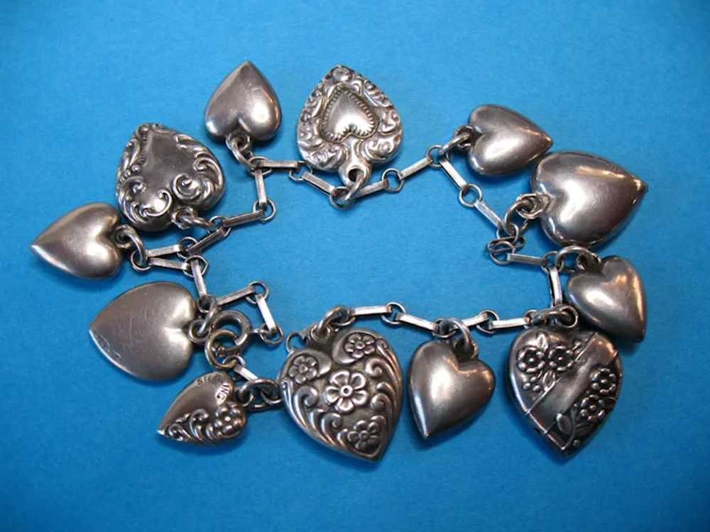 Victorian Sterling Silver Puffy Heart Charm Brace… - image 3