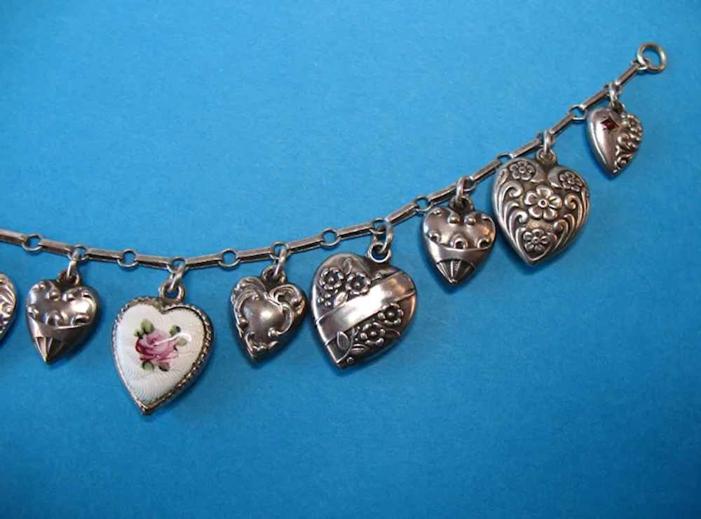 Victorian Sterling Silver Puffy Heart Charm Brace… - image 6