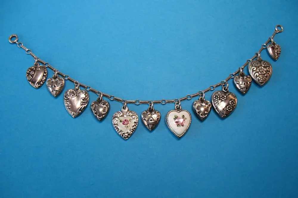 Victorian Sterling Silver Puffy Heart Charm Brace… - image 8