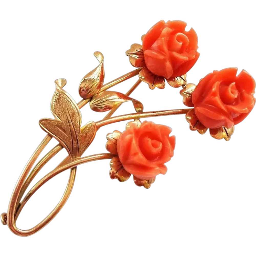 Romantic 18K Rose Gold and Carved Coral Roses Pin… - image 1