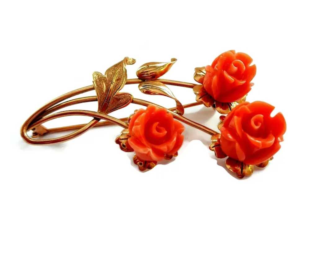 Romantic 18K Rose Gold and Carved Coral Roses Pin… - image 2