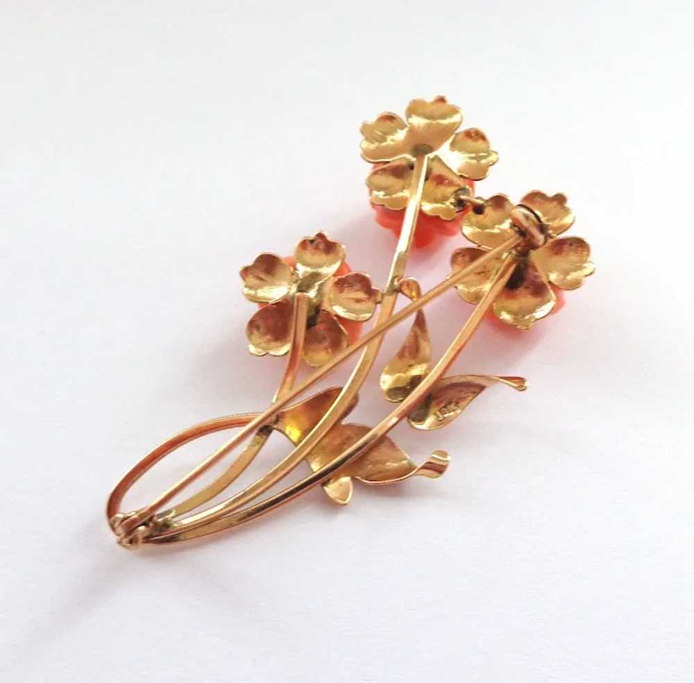 Romantic 18K Rose Gold and Carved Coral Roses Pin… - image 5