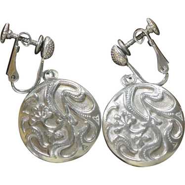 Mid-Century Sterling Silver Floral Disk Earrings