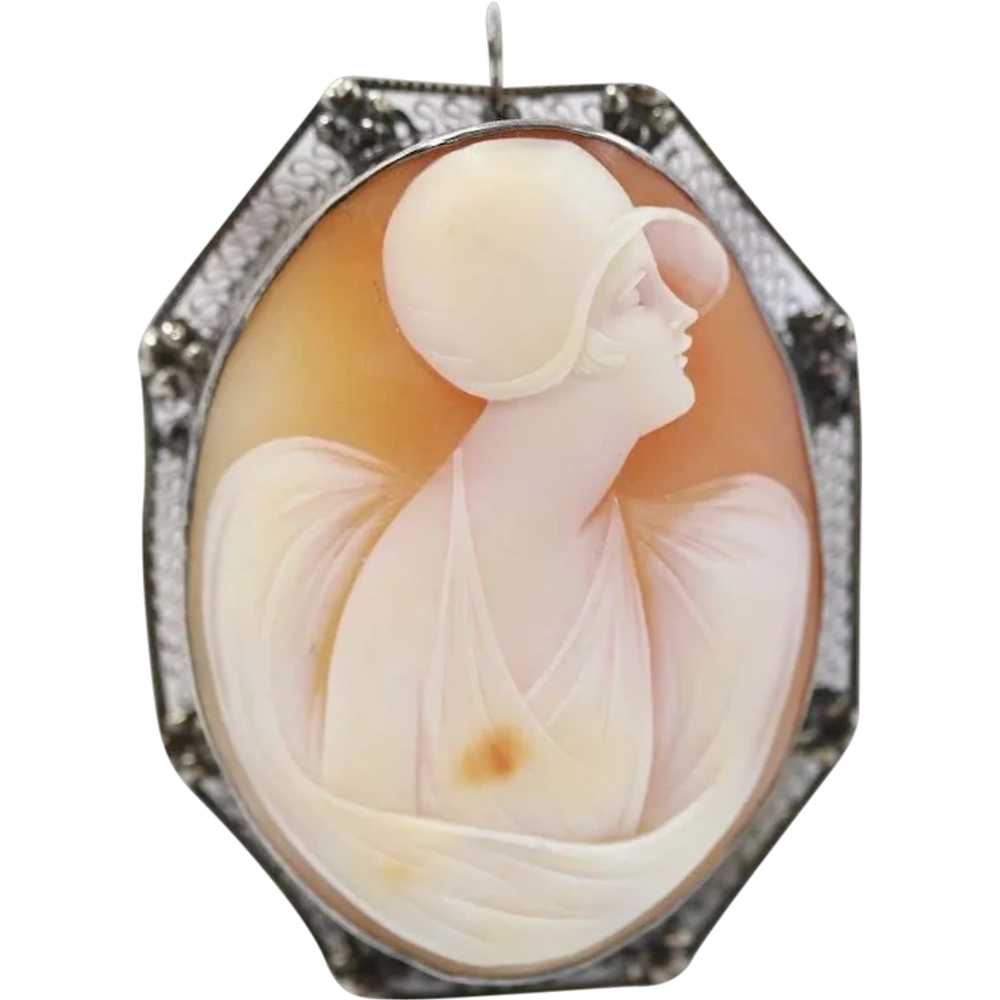 Antique 14k White Gold Hand Carved Shell Portrait… - image 1