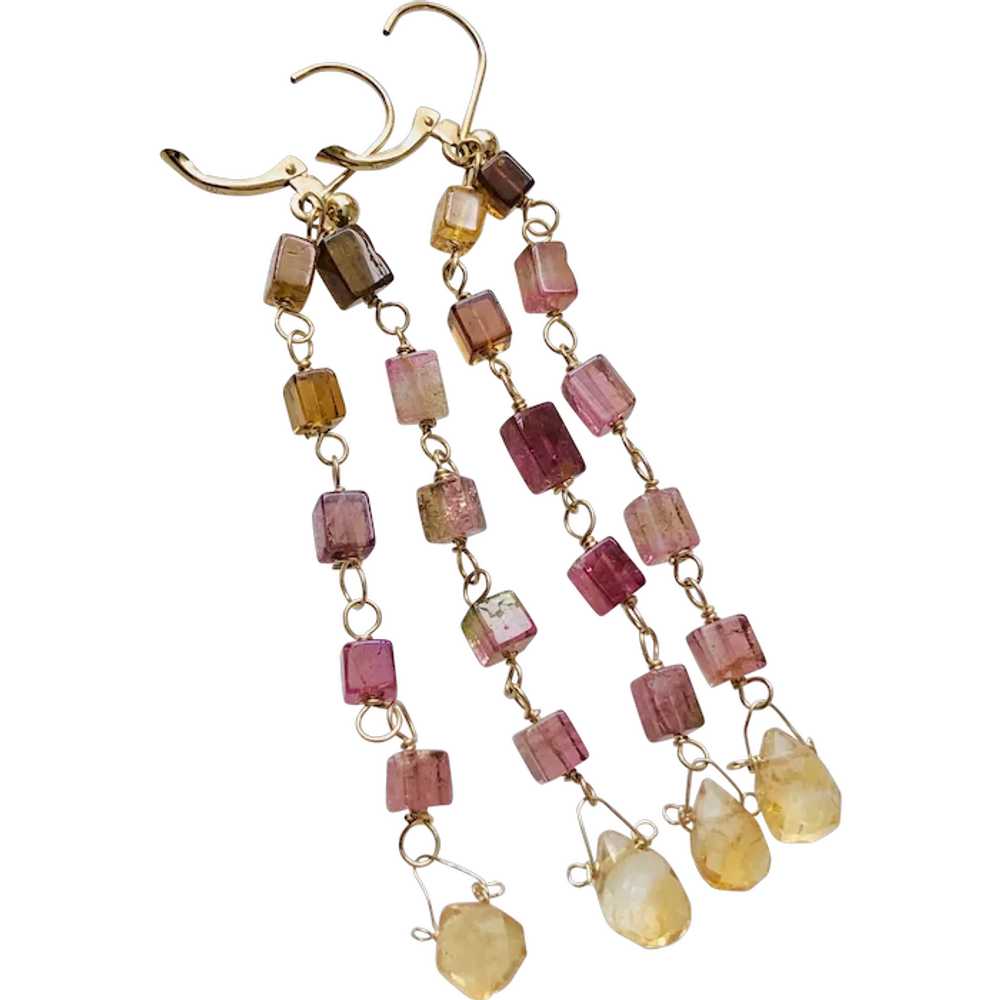 Long Tourmaline Earrings, Gold Rainbow Tourmaline… - image 1