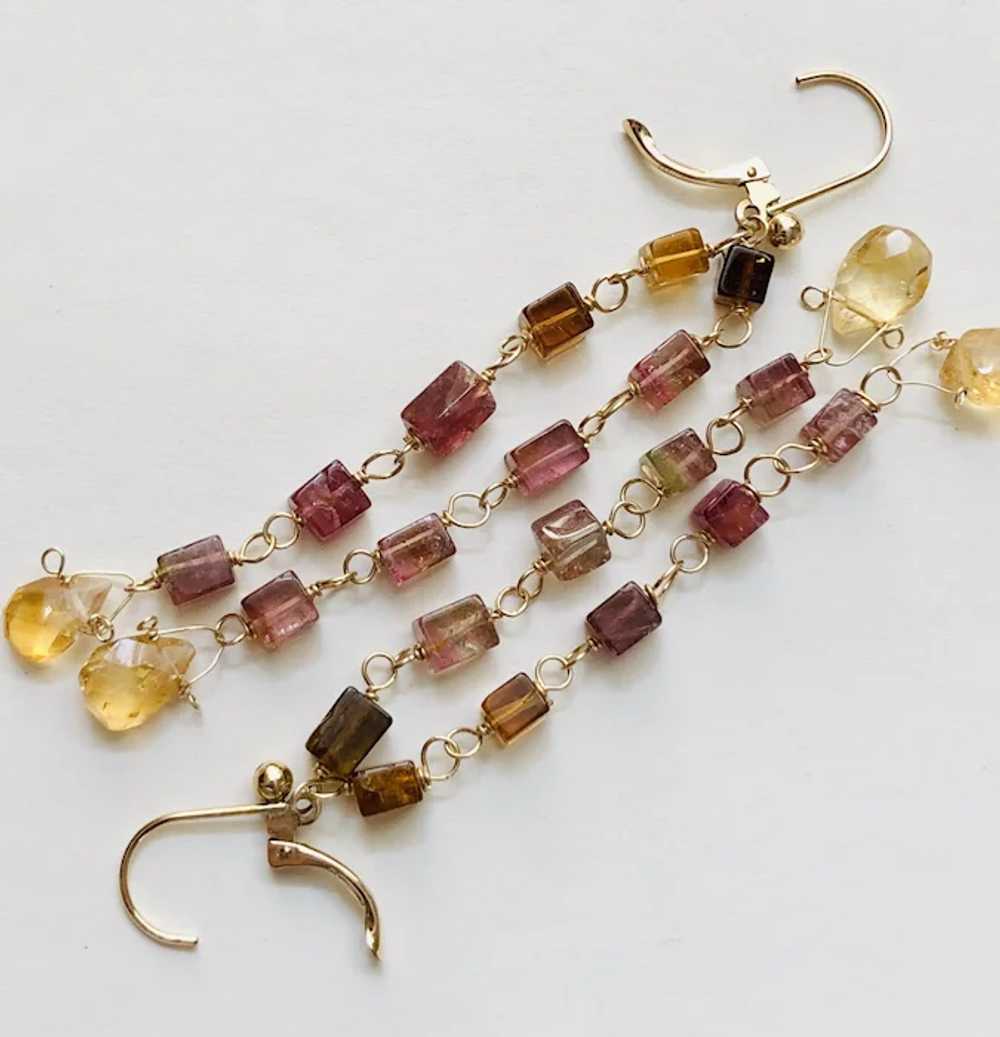 Long Tourmaline Earrings, Gold Rainbow Tourmaline… - image 2