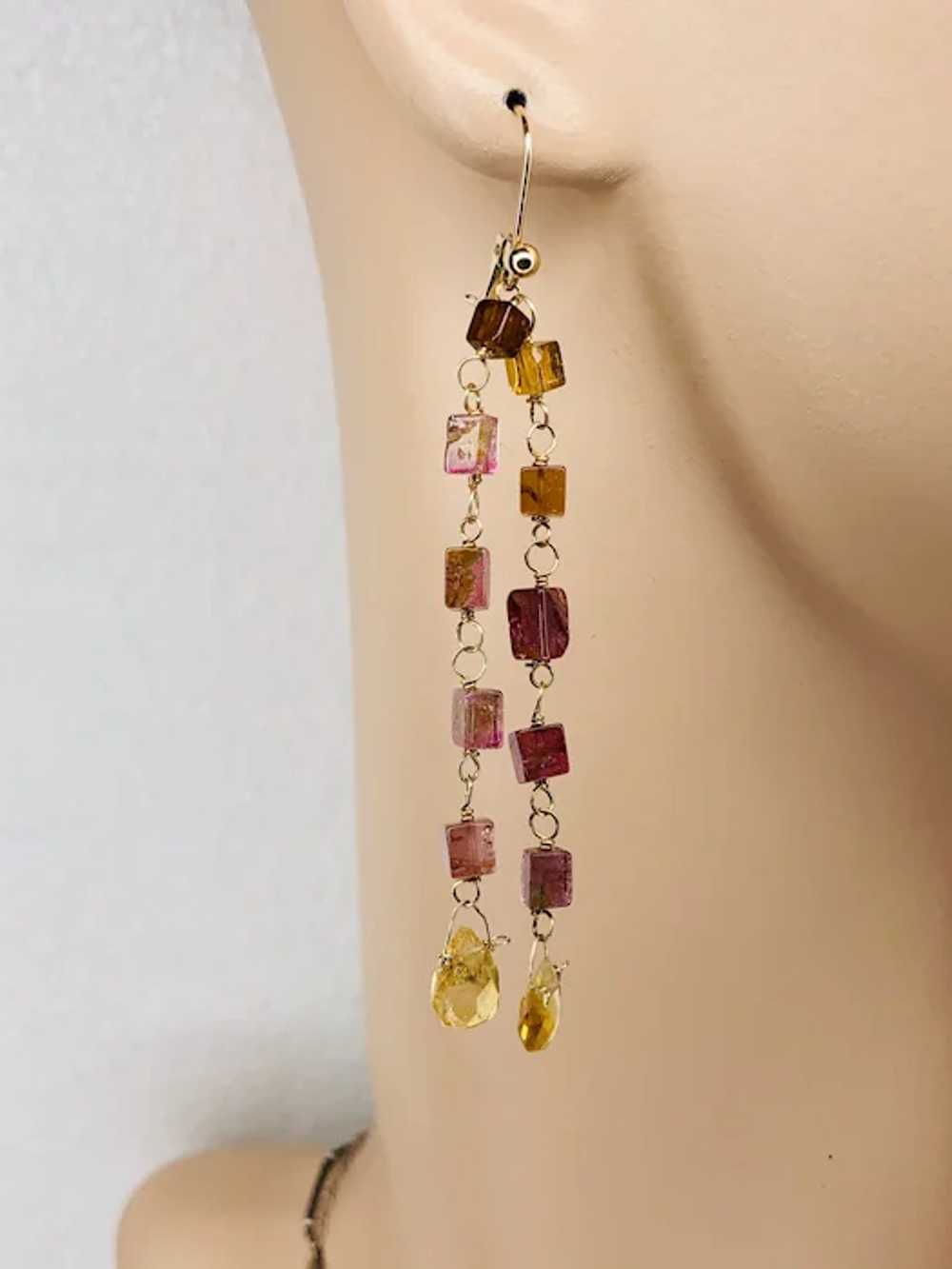 Long Tourmaline Earrings, Gold Rainbow Tourmaline… - image 3